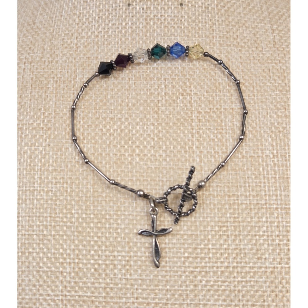 Vintage Sterling Silver Multi‎ Colored Beaded Cross Charm Bracelet